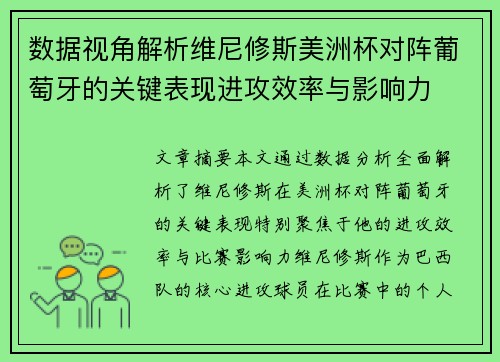 数据视角解析维尼修斯美洲杯对阵葡萄牙的关键表现进攻效率与影响力