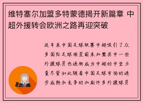 维特塞尔加盟多特蒙德揭开新篇章 中超外援转会欧洲之路再迎突破