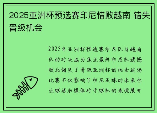 2025亚洲杯预选赛印尼惜败越南 错失晋级机会 2025亚洲杯预选赛印尼惜败越南 错失晋级机会